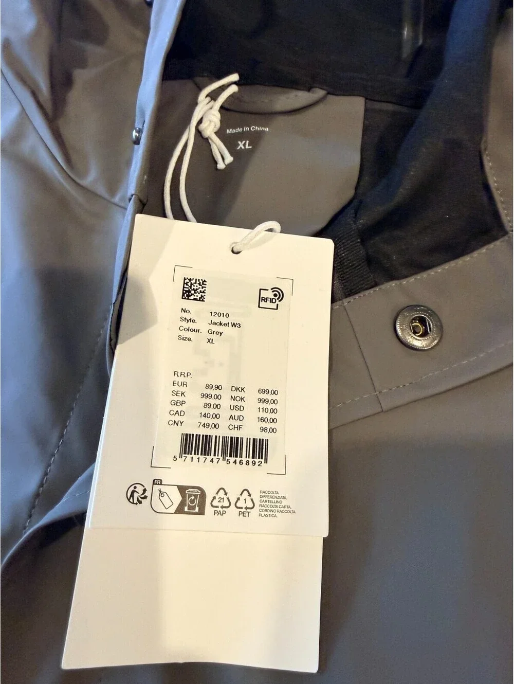 RAINS Jacket W3 Grey  Waterproof Hooded Rain Jacket Unisex XL NWT